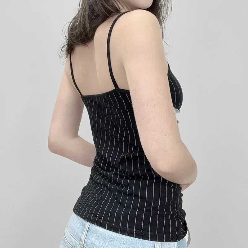Lunivop  Casual Striped Print Camis Women Summer Y2k Lace Patchwork Sleeveless Crop Top Vintage 2000s Clothing Ladies Harajuku Tee
