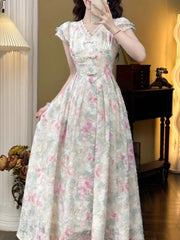Lunivop  Sweet Elegant Long Floral Dress Women Casual Vintage Lace Korean Fairy Dress Female Summer Beach Luxury Evening Party Dress