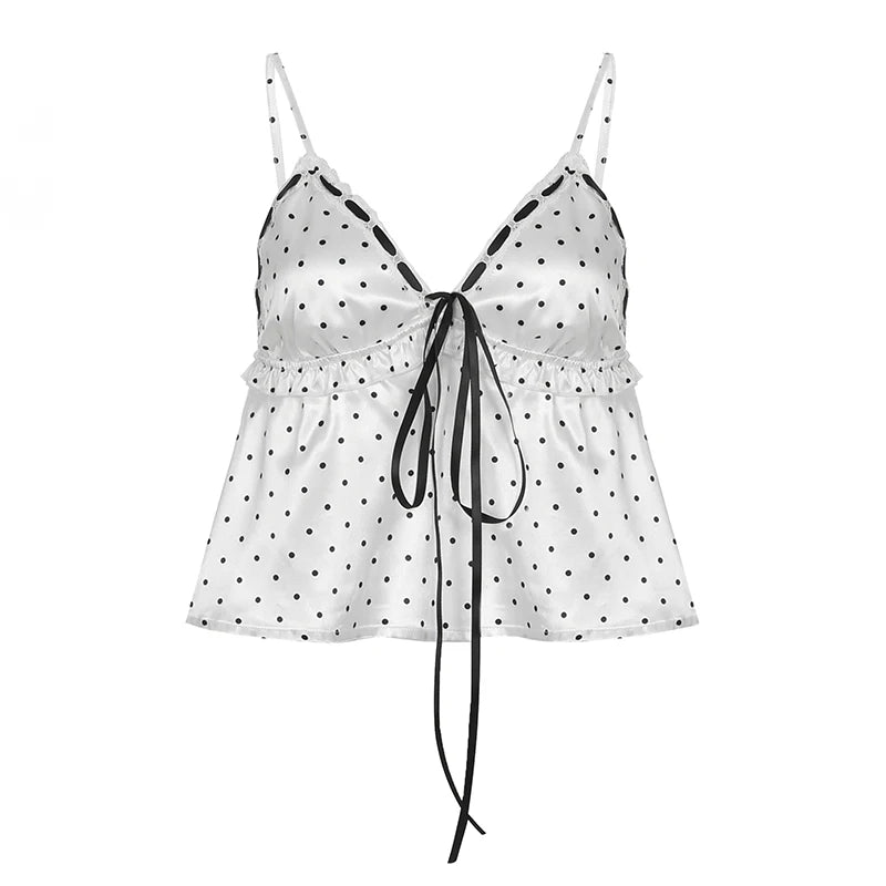 Lunivop  Cute Ruched Stitching Camis Women Summer Casual Loose A-line Crop Tops Kawaii Lace-up Bow Patchwork V-neck Tees Aesthetic