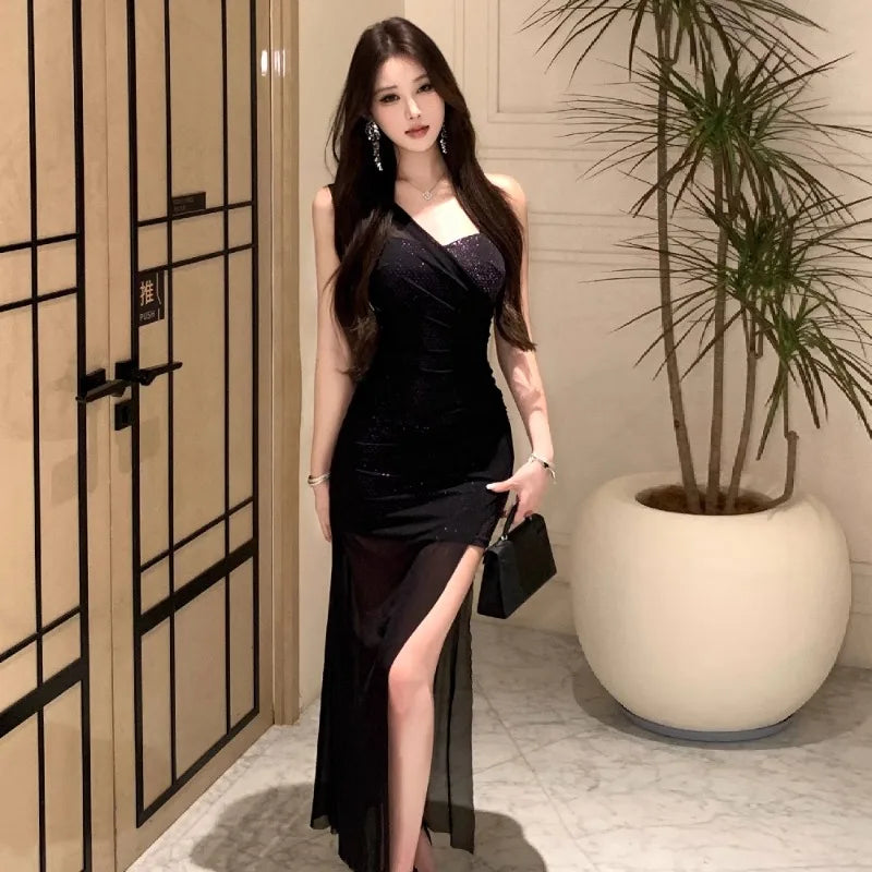 Lunivop  Sexy Dresses Women Strapless Sequins Patchwork Elegant Split Backless Vintage Elegant Party Dress Female Cocktail