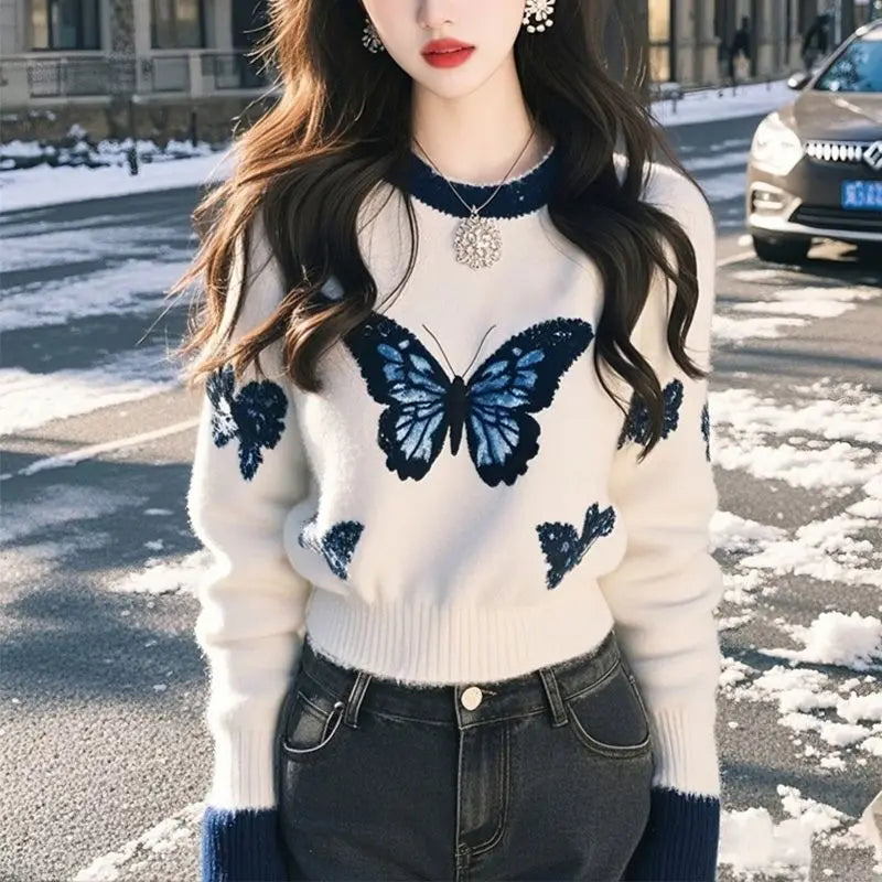 Lunivop  Korean Lazy Butterfly Printed White Knitted Pullovers Fashion All-match Simple Sweater Mujer Autumn Winter O-neck Sweet Tops