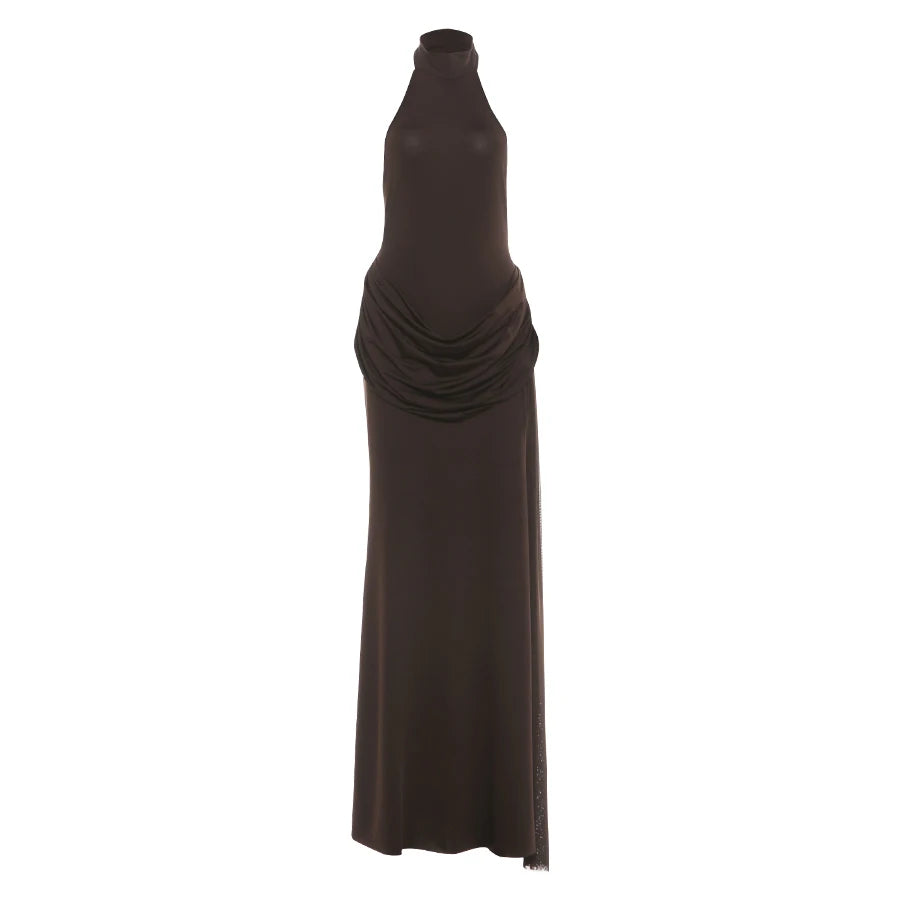 Lunivop  Cutenew Trend Halter Backless Dress Women Sleeveless High Side Slit Long Tassel Folds Solid High Elasticity Prom Party Vestidos