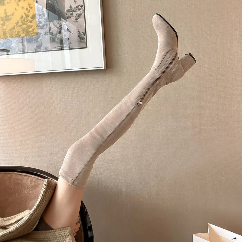 Lunivop Autumn Winter Stretch Over The Knee Boots Women Fashion Suede Round Toe Square Platform Shoes Thick Heels Long Booties