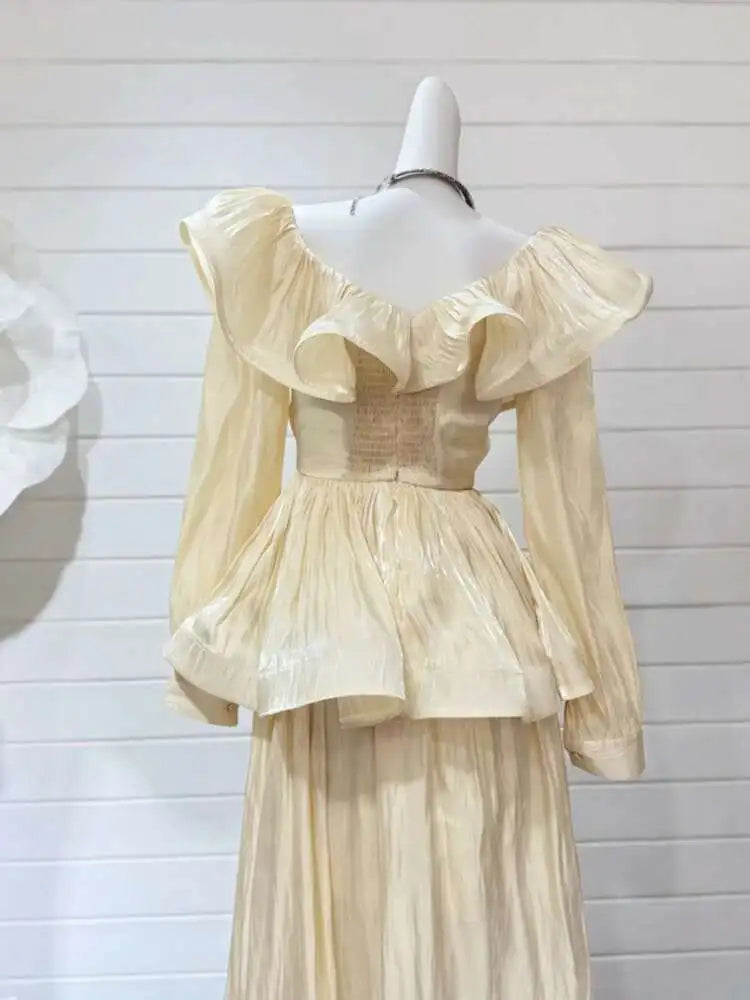 Lunivop Solid Ruffles Women's 2 Piece Sets V Neck Long Sleeve Shirt High Waist Skirts Loose Elegant Set Autumn 2025 New