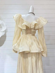 Lunivop Solid Ruffles Women's 2 Piece Sets V Neck Long Sleeve Shirt High Waist Skirts Loose Elegant Set Autumn 2025 New