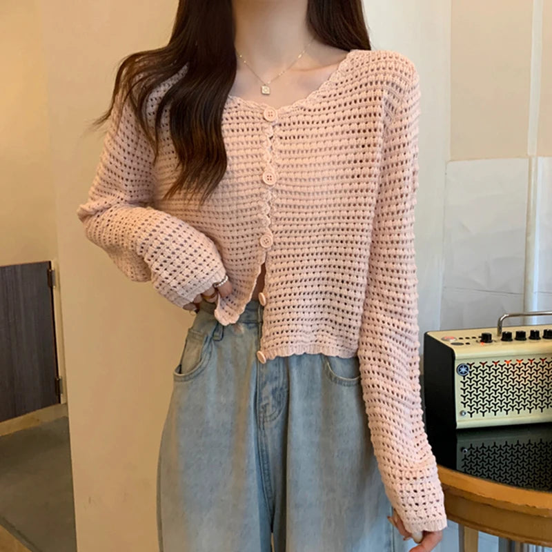 Lunivop Women Button Up Short Cardigan Knitted Shirt Hollow Out Crochet Crop Top Long Sleeved Thin Cover Up Teen-girl Casual Outfit