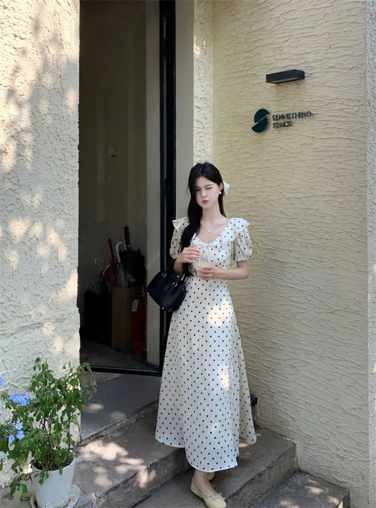 Lunivop  Woman Dress Polka Dot Puff Short Sleeve Ruffles Bandage V Neck Temperament Sweet Dresses Elegant Female Fashion
