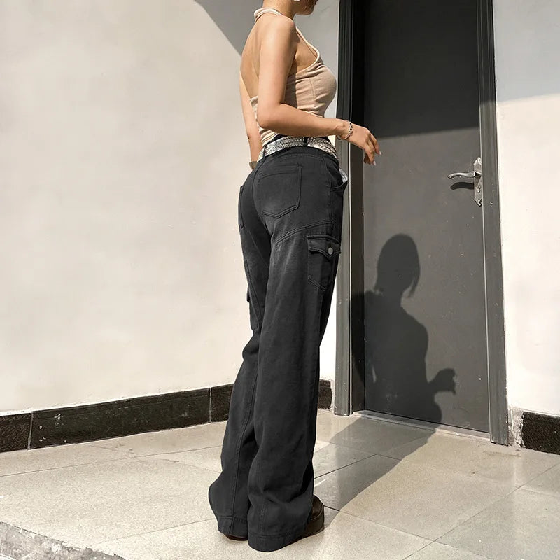 Lunivop New Street High Waist Straight Leg Casual Jeans with Irregular Pockets Work Clothes Floor Towers  Dad's Pants