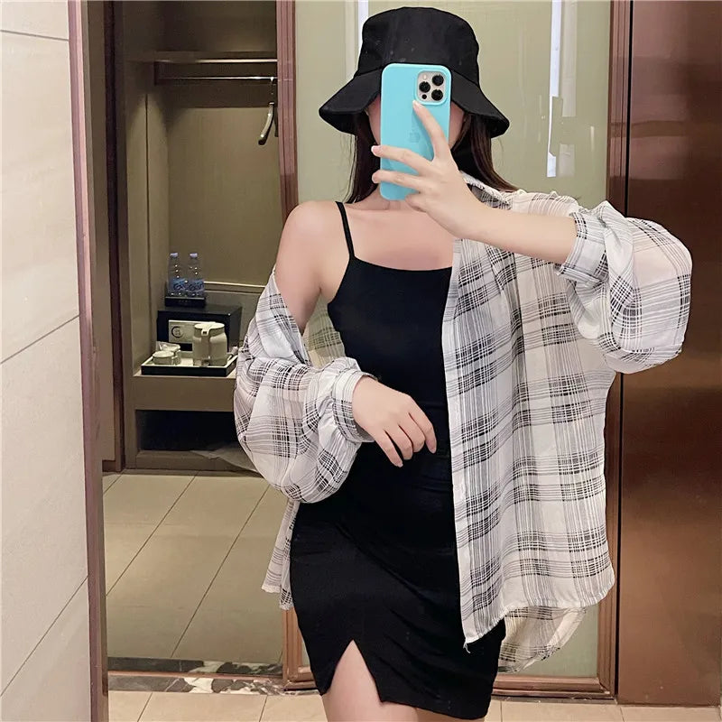 Lunivop Tops Women Sheer Chiffon Plaid Shirt Long Sleeve Button Up Collared Oversize Checked Shirts and Blouse Summer Casual Outfit