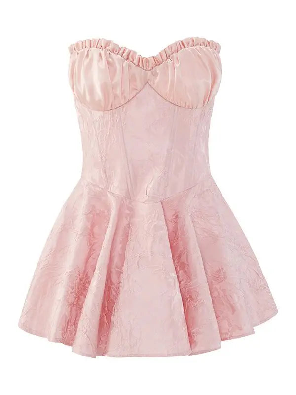 Lunivop  Women Hem Ball Gown Swing Party Skater Low Chest Dress Vestido Sexy Jacquard Satin Ruched Bra Corset style Strapless Mini Robe