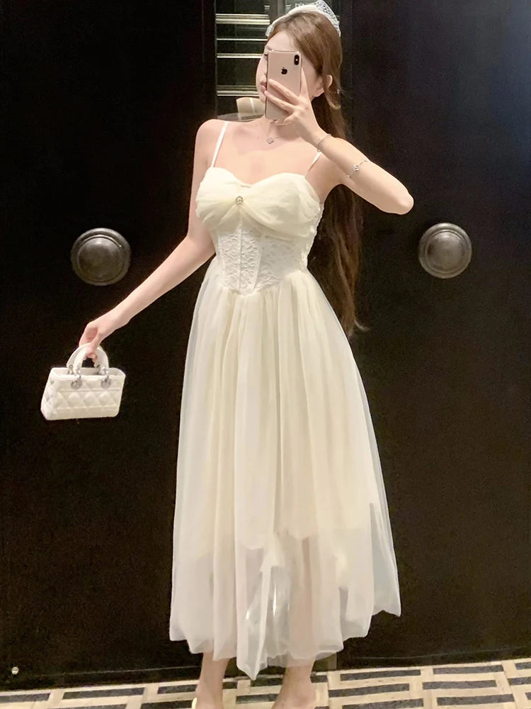 Lunivop  White Mesh Patchowrk Lace Diamonds Chic Sling Dress for Women Summer Elegant Luxury Dress Gown 2025 Korean Vintage Evening Dress