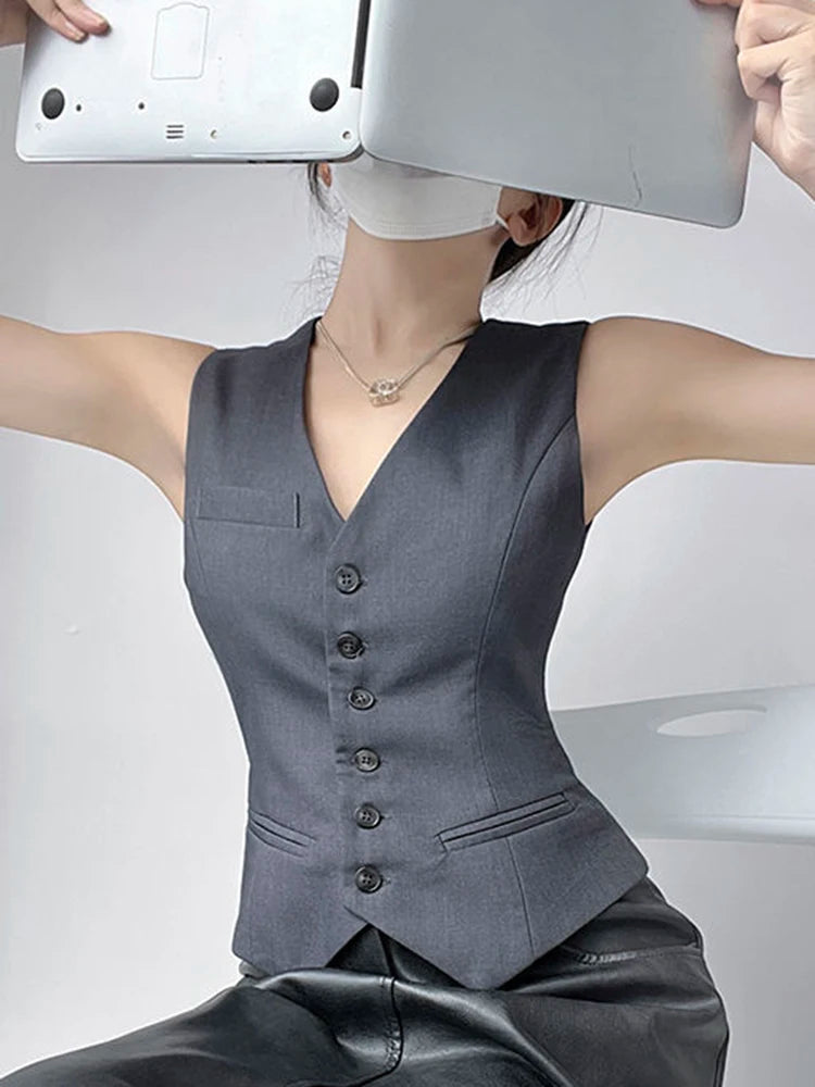 Lunivop  Elegant Slim Suit Tanks Women Casual Vintage V Neck Sexy Tops Vest Korean Sleeveless Single Breasted Retro Lady Gray Tanks