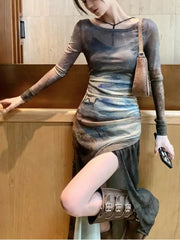 Lunivop  Bottom Suspender American Retro Tie Dye Dress For Women Y2k Robe Vestidos Mesh Spring Summer New Alt Grunge Tunic