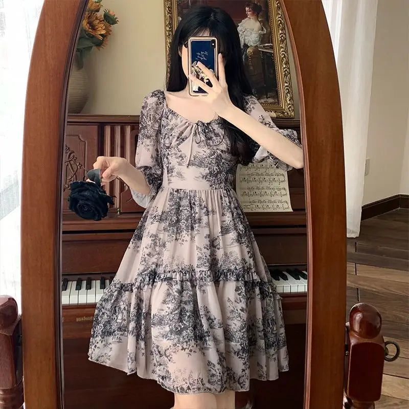 Lunivop  French Retro Light Mature Style Floral Summer Women's New Pullover Square Neck Tie Folds Fashion Casual Short Sleeved Dress the dress black dress white dress