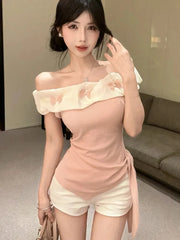 Lunivop  Sexy Off Shoulder Slim T Shirt Women Elegant Fashion Slash Neck Sweet Tees Korean Lace Up Design Irregular Butterfly Tops