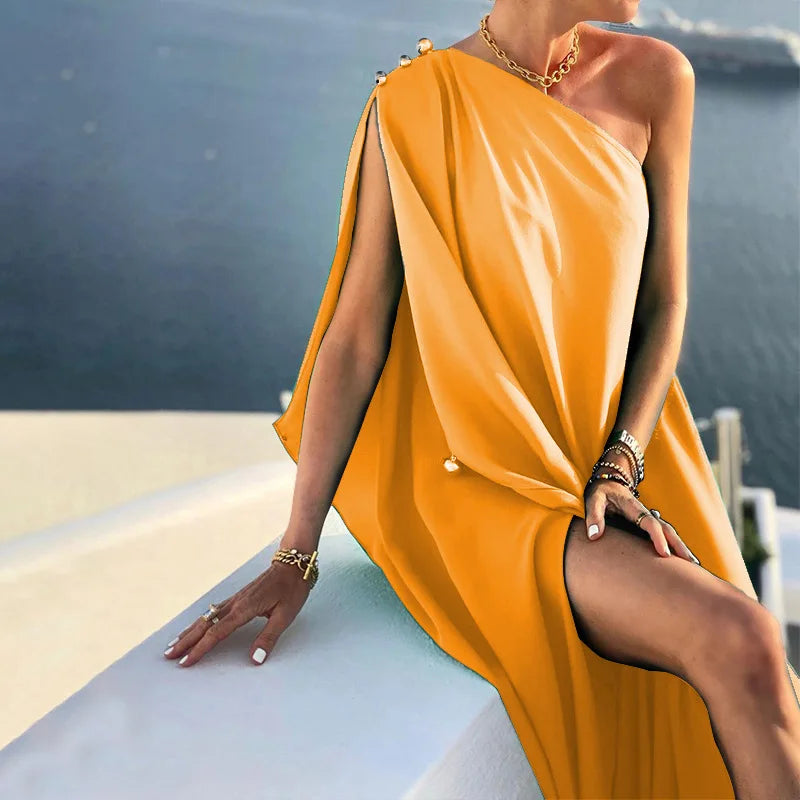 Lunivop  Women Summer Fashion One Shoulder Dress Sleeveless Solid Color Banquet Dress Loose Slash Neck Long Beach Dresses