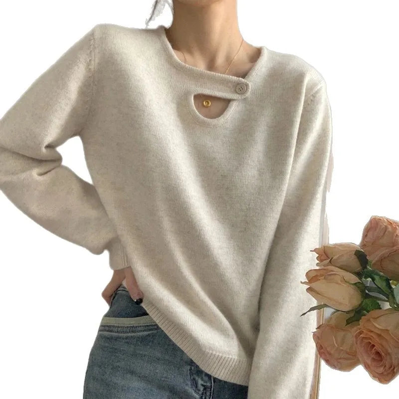 Lunivop 2025 Buckle V-neck Pullover Shoulder Bottom Sweater Women's Winter New Thick Inner Knitwear Loose Lazy Style Top
