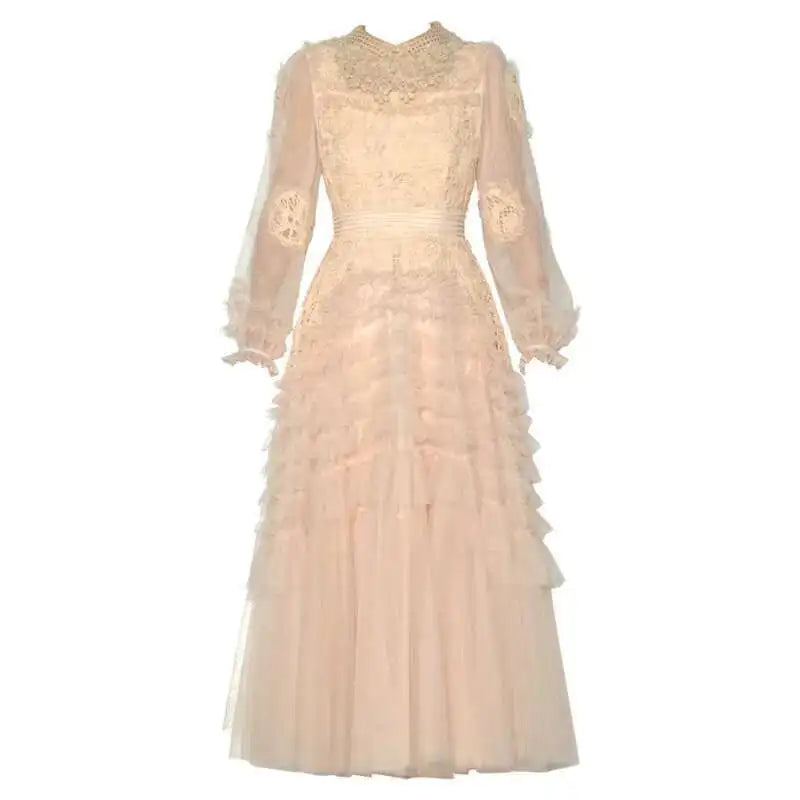 Lunivop Solid Mesh Dresses Women's 3D Flower Nail Bead Long Sleeve Hollow Out Waist Fashion Dress Female 2025 New