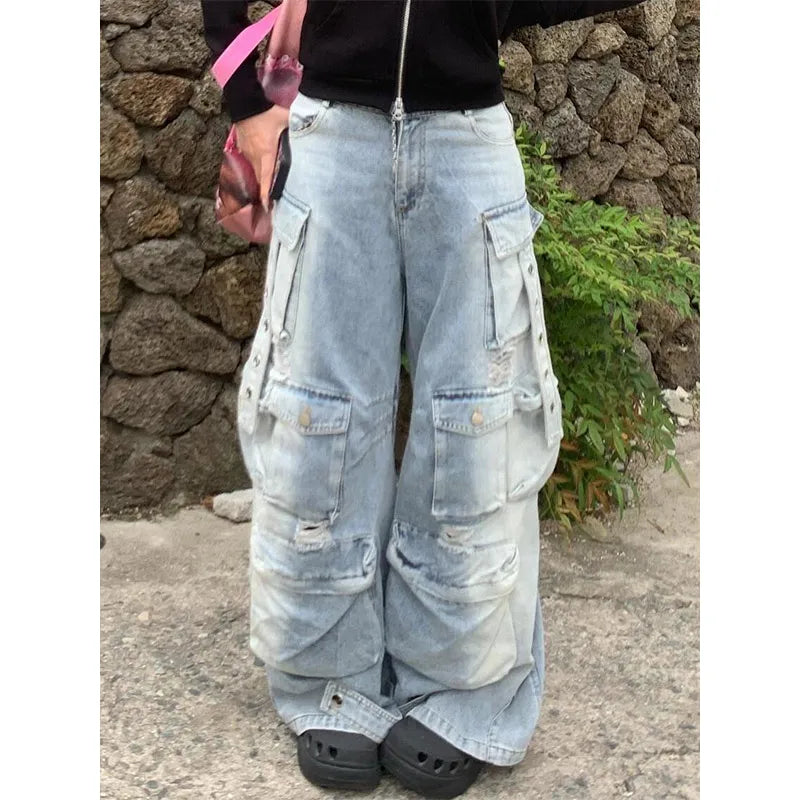 Lunivop Women Blue Jeans Cargo Pants Streetwear High Waist American Wide Leg Pants Fashion Y2K Style Female Winter Straight Trousers