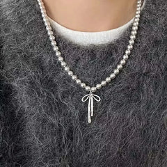 Lunivop Goth Harajuku Cute Y2K Aesthetic Bowknot Pendant Grey Pearl Beaded Rope Chain Necklace for Girl Choker Cool 90s EMO Accessories