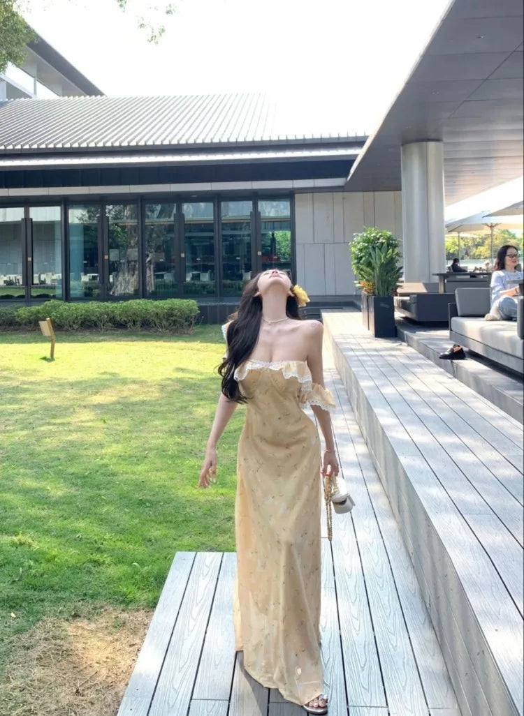 Lunivop  Woman Dress Lace Patchwork Ruffles Off Shoulder Summer Fashion French Style Chic Elegant Party Dresses Female Casual