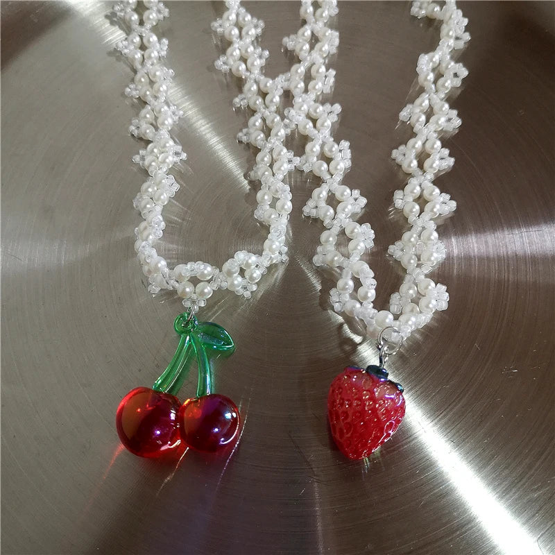 Lunivop Kpop Goth Vintage Cute Charm Cherry Strawberry Pendant Pearl Choker Necklace Women 2000s Y2K EMO Rave Jewelry Scene Accessories