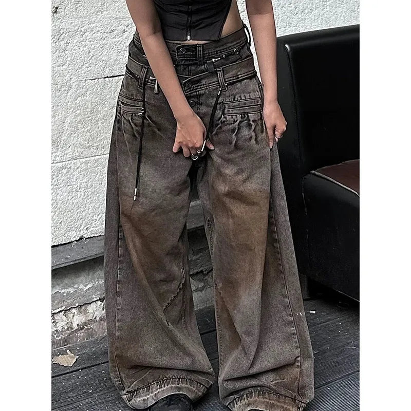 Lunivop Women's Casual Style Vintage Aesthetic Jeans Mop Loose Washed Pants Winter Y2K Wide Leg Punk Baggy Harajuku Denim Trouser