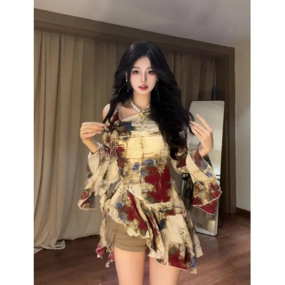 Lunivop  Elegant Vintage Oil Painting Blouses 2025 Summer New Shirts Women Irregular Skew Collar Off Shoulder Blusas De Mujer