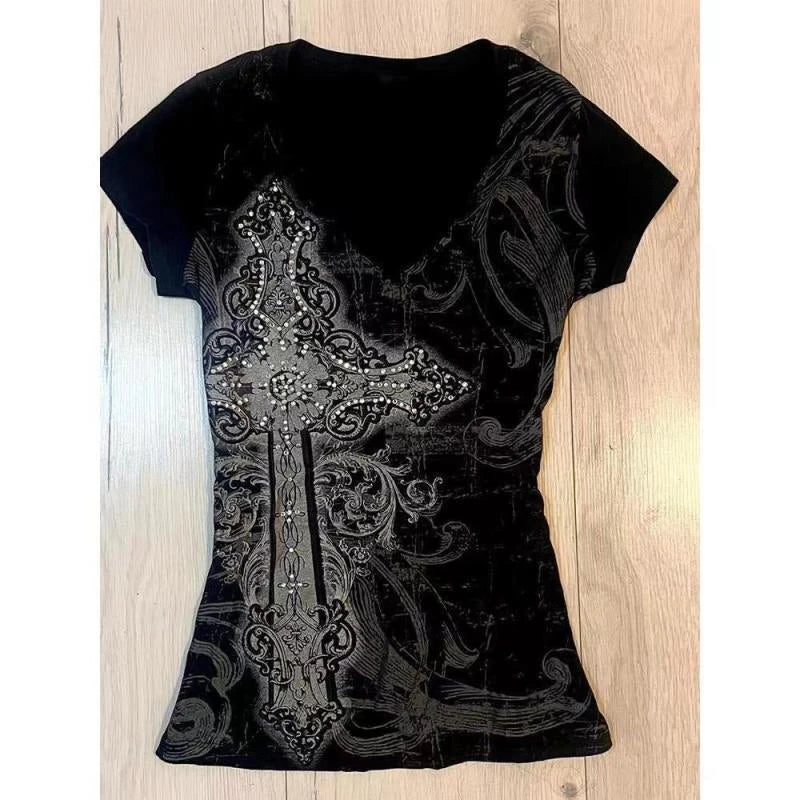 Lunivop  Women Grunge T-shirts Summer Bottoming Crop Tops Vintage Slim Harajuku Causal Black Tshirts Y2k Aesthetic Flower Printing