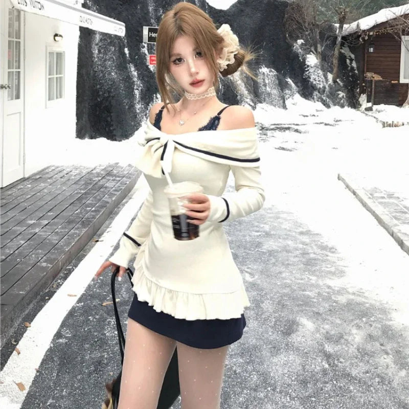 Lunivop Elegant Sexy Two-piece Set Mini Dress Women Coquette Off Shoulder Evening Party Dress Sweet Korean Style Ruffle Dresses