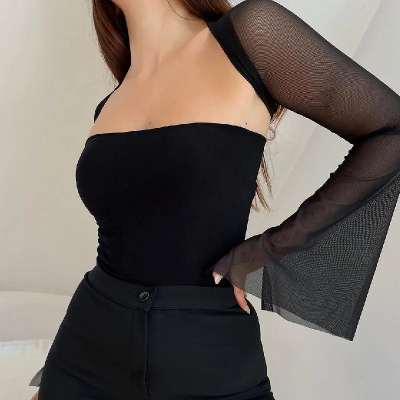 Lunivop   Aesthetic Vintage Women 2 Piece Sets Strapless Tank Top With Sexy Mesh Sheer Flare Long Sleeve Shawl Street Outfit