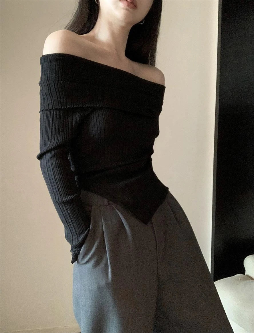 Lunivop Off Shoulder Knit Top for Women Long Sleeve Off-The-Shoulder Ribbed Knit Pullovers Women Sweater Y2K Outfit