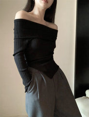 Lunivop Off Shoulder Knit Top for Women Long Sleeve Off-The-Shoulder Ribbed Knit Pullovers Women Sweater Y2K Outfit