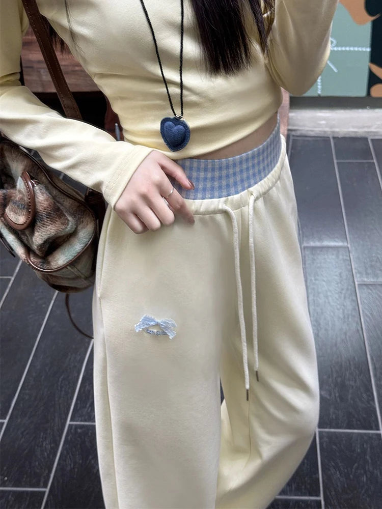 Lunivop Cute Bow Casual Pants Women Plaid Patchwork High Waist Wide Leg Trousers Japan Loose Vintage Lady Spring Kawaii Sweet Pants