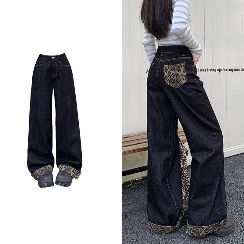 Lunivop  Spring Autumn Women's Rolled Hem Stitched Leopard Print Wide Leg Jeans Slim Fit Floor Length Straight Long Pants