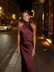 Lunivop  Elegant Brown Satin Halter Lace Up Long Dress Sexy Off Shoulder Backless Sleeveless Bodycon Dresses Autumn New Lady Party Robe