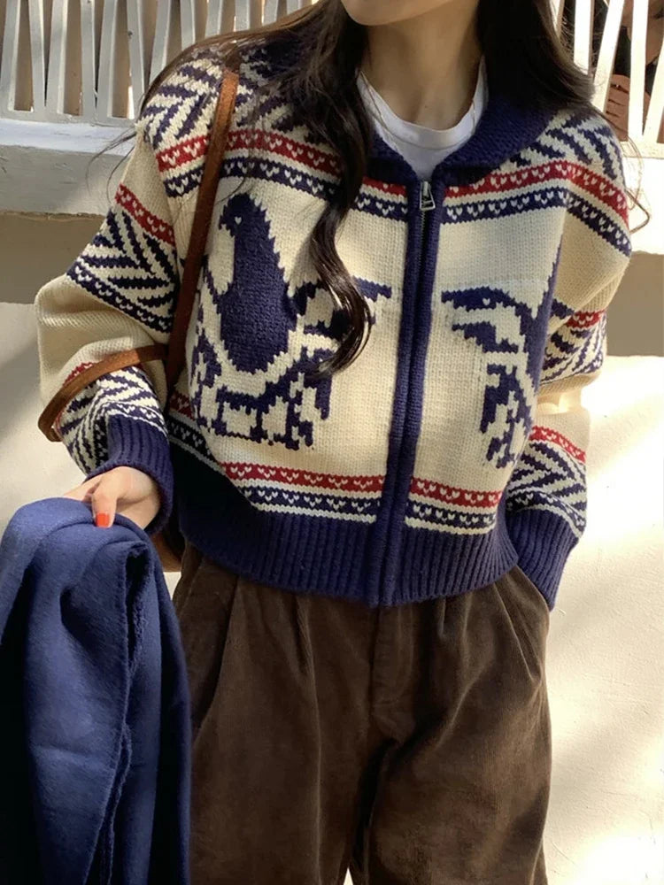 Lunivop Knitted Zip Up Cardigan Women Vintage Fair Isle Zipper Front Cropped Sweater Jacket Knitwear Autumn Winter Outfit