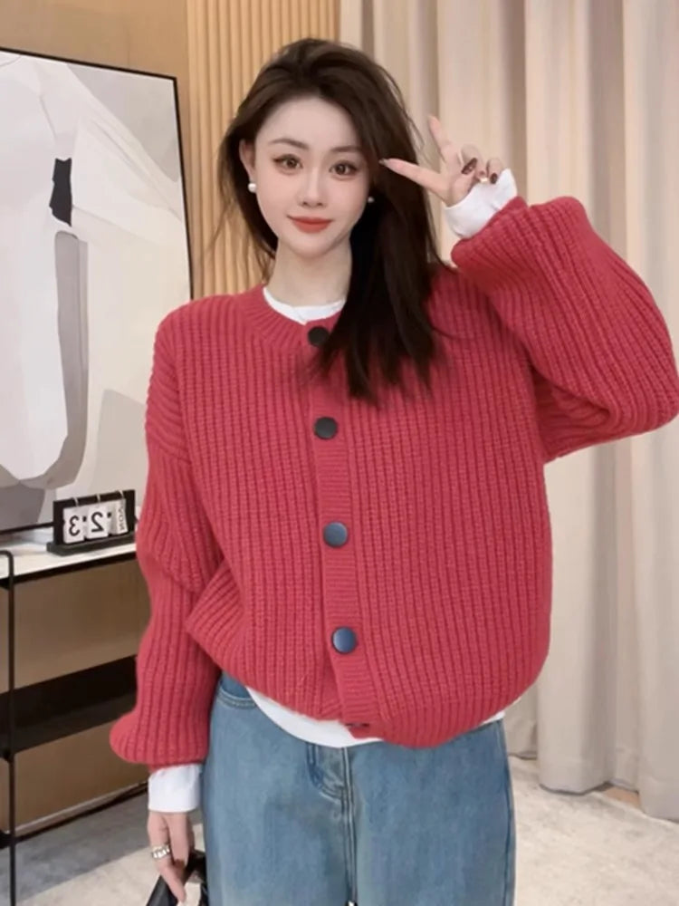 Lunivop Button Down Crew Neck Cardigan Sweater for Women Long Sleeve Cozy Plain Cardigan Soft Knitwear Autumn Winter Casual Chic Outfit