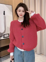 Lunivop Button Down Crew Neck Cardigan Sweater for Women Long Sleeve Cozy Plain Cardigan Soft Knitwear Autumn Winter Casual Chic Outfit