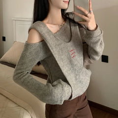 Lunivop Vintage Letters Embroidery Casual Hooded Long-sleeved Sweater Women Autumn New High Street Sexy Strapless Gray Knitted Tops