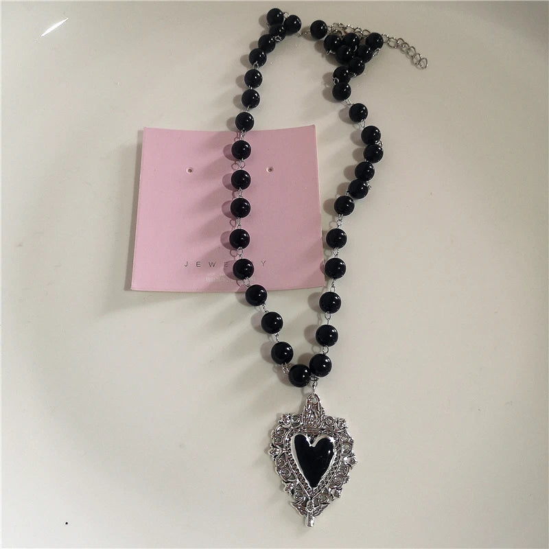 Lunivop Gothic Vintage Fashion Black Bow Heart Pendant Pearl Beaded Necklace For Girl EMO 2000s Harajuku Y2k Aesthetic Jewelry Accessory