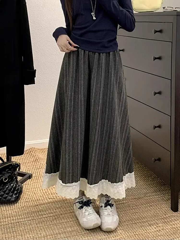 Lunivop Lace Patchwork Striped Long Skirts Korean Retro Faux Woolen Skirts Casual High Waist Loose Lady Autumn Winter Elegant Skirt