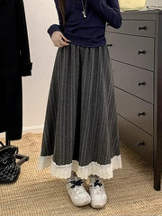 Lunivop Lace Patchwork Striped Long Skirts Korean Retro Faux Woolen Skirts Casual High Waist Loose Lady Autumn Winter Elegant Skirt