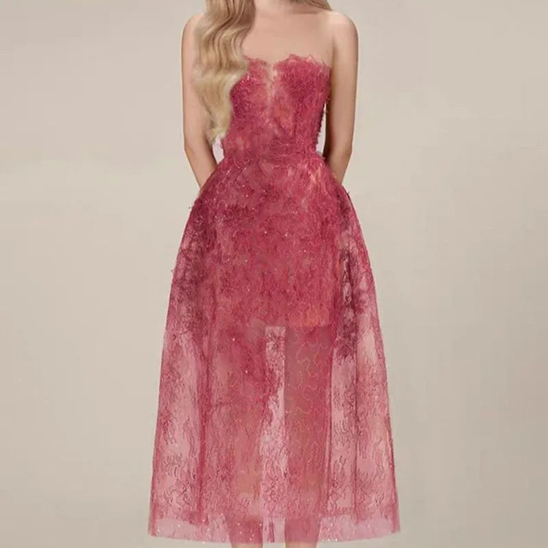 Lunivop Fashion Women Dress Sleeveless Strapless Solid Color Lace Female Summer Party Dresses New Tide