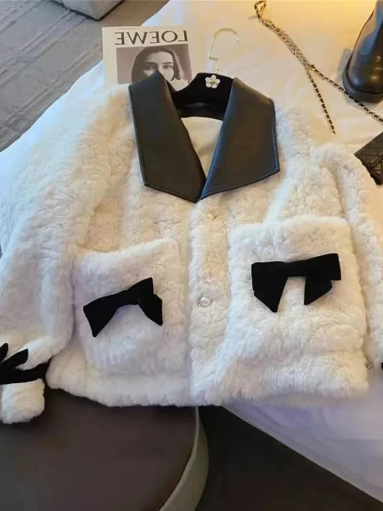 Lunivop Women Sweet Bow Faux Lamb Coat Fashion Korean Long Sleeve Winter Warm Jacket Chic Slim Patchwork Elegant Pockets Outwear