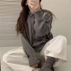 Lunivop Women's Knit Cardigan Sweater Button-up Stand Collare Soft Woolen Pointelle Sweater Jacket Coat Korean Autumn Winter Outfit