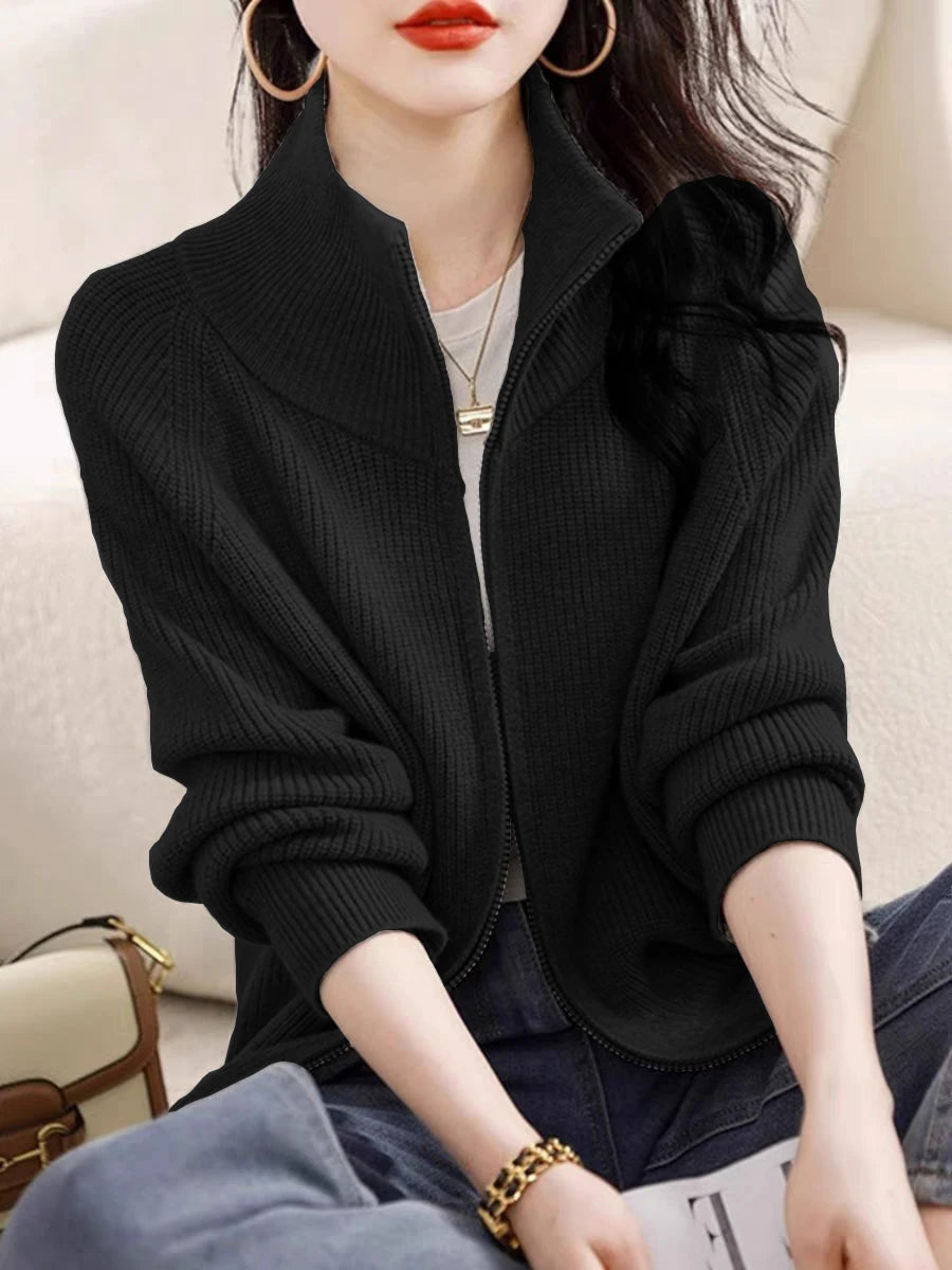 Lunivop Women's Zip Up Sweater Cardigan Cozy Knit Stand Collar Zipper Front Plain Sweater Jacket Female Korean Chic Fall Winter Outfit