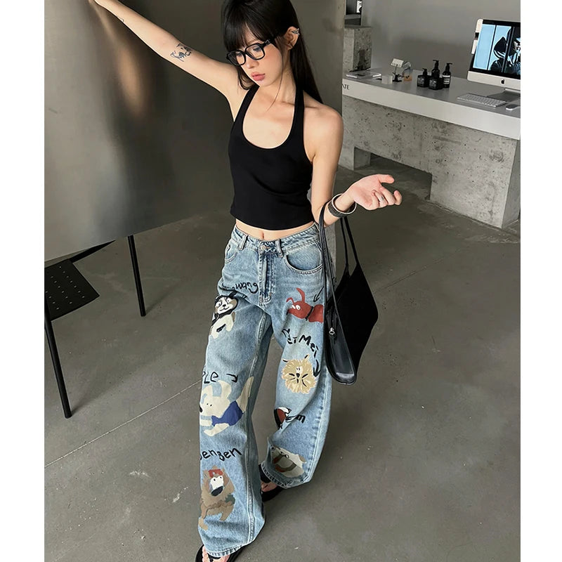 Lunivop Blue Women Jeans High Waist Fashion American Graffiti Y2K Streetwear Chic NEW Wide Leg Jean Female Trouser Baggy Denim Pants