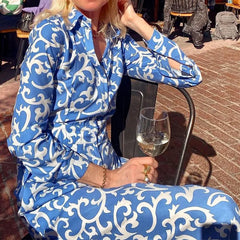 Lunivop  Blue Print Vintage Casual Shirt Dress Women Single Breasted Bohemian Girdle Waist Long Sleeve Maxi Long Sundress