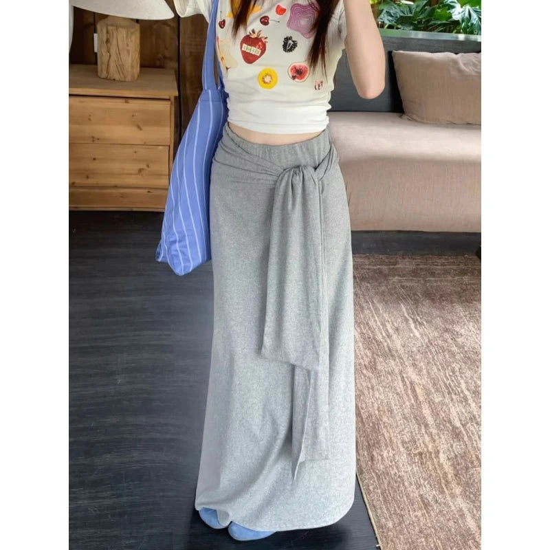 Lunivop Elegant Gray Long Skirt Women Korean Style High Waist Sexy Midi Skirt Autumn Winter Lace Up Fashion Solid A-line Skirts